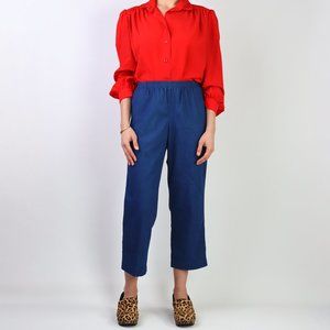 Cropped Wide Leg Indigo Chambray Elastic High Waist Pants Sz M Boxy Relaxed Fit